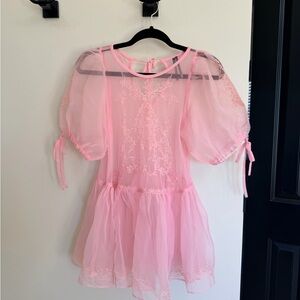 ✨ Anthropologie Pink Embroidered Tulle Babydoll Top – Size XS ✨